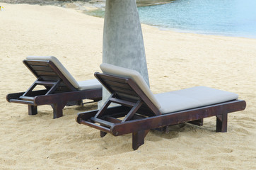 Bed on the beautiful beach on the blue sky in Thailand
