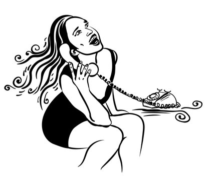 Lady speaks by an old phone. Vector image