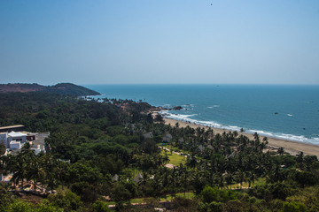 Fototapeta na wymiar Vagator Beach, aerial view from Chapora fort in North Goa, India