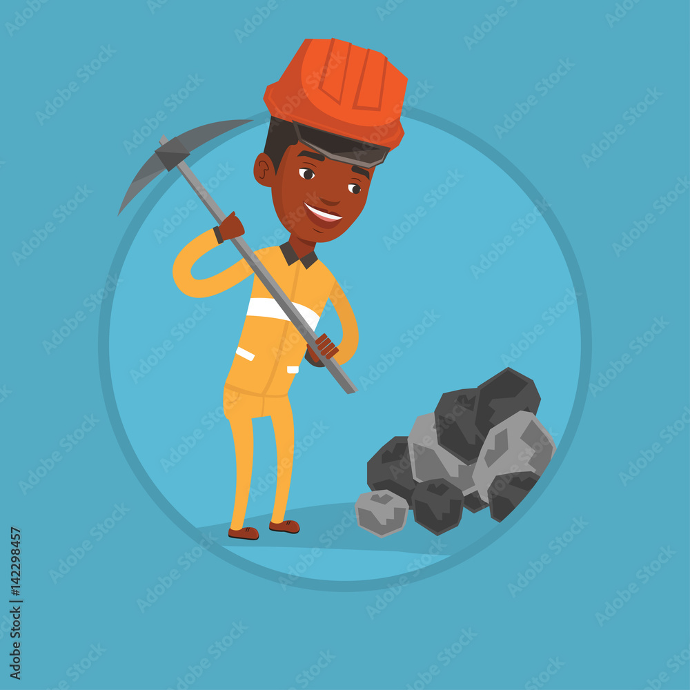 Poster miner working with pickaxe vector illustration.