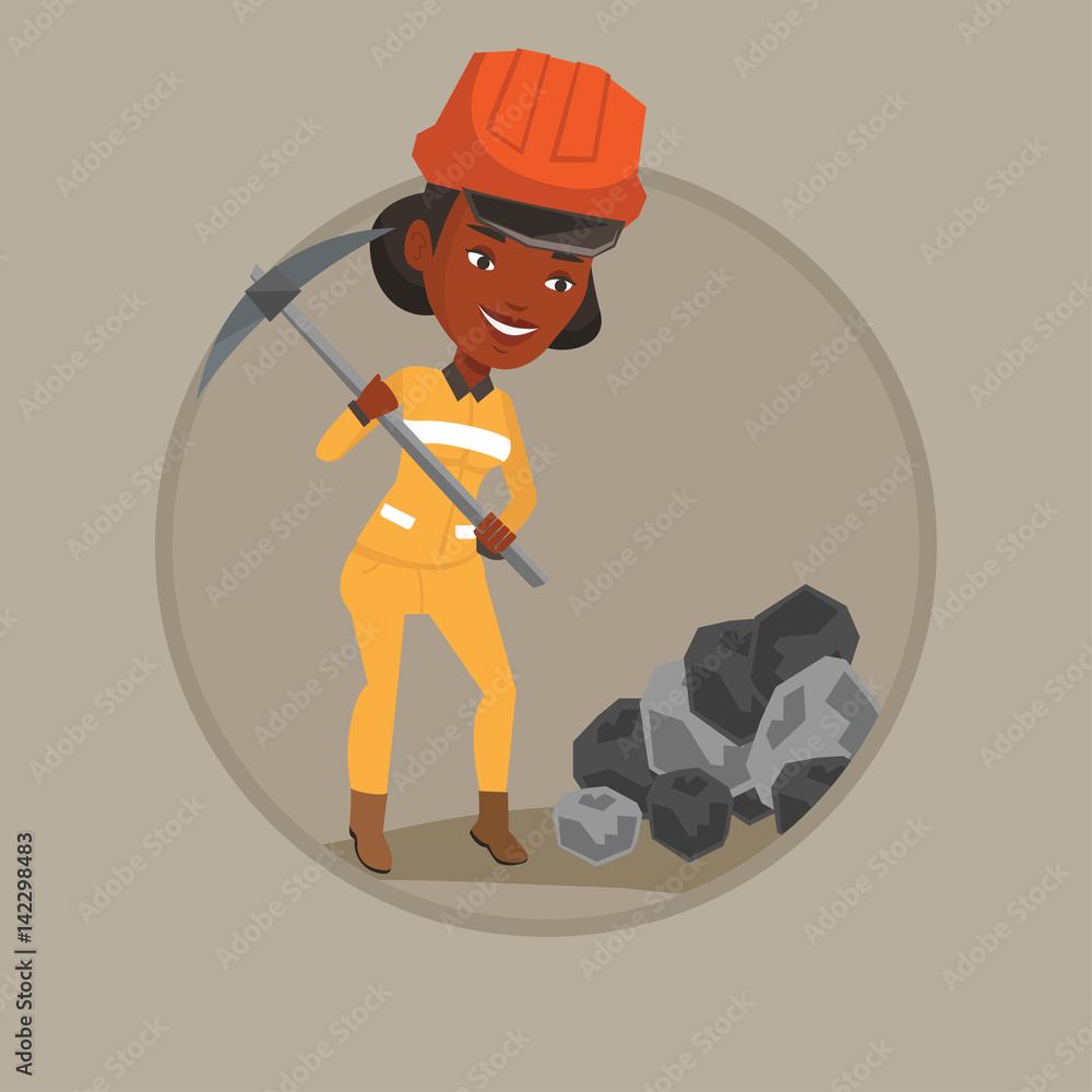 Poster miner working with pickaxe vector illustration.