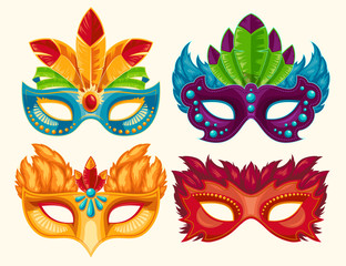 Collection of cartoon illustrations of venetian painted carnival facial masks for a party decorated with feathers and rhinestones isolated on a light background