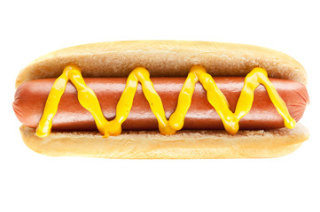 Hotdog with big sausage and mustard isolated on white background