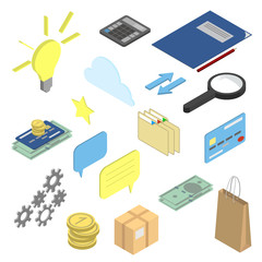 Business and finance. Set of isometric elements, icons. Money, cloud, idea, star, messages, calculator, notepad.