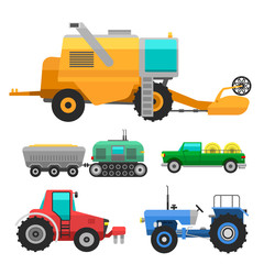 Naklejka premium Agricultural vehicles and harvester machine combines and excavators icon set with accessories for plowing mowing, planting and harvesting vector illustration.