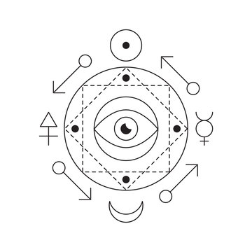 Symbol of alchemy and sacred geometry. Linear character illustration for lines tattoo on the white isolated background. Three primes: spirit, soul, body and 4 basic elements: Earth, Water, Air, Fire.