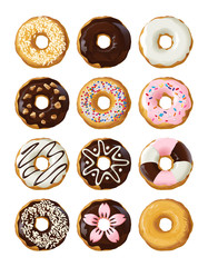Set delicious donuts in glaze isolated on white background