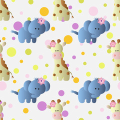 seamless pattern with cartoon cute toy baby elephant, giraffe and Circles on a light gray background