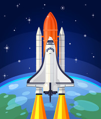 Naklejka premium illustration of a space rocket launch. Space travel to the stars.