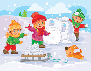  winter illustration of small children playing snowballs