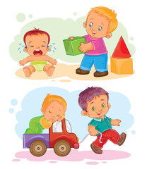 Fototapeta na wymiar Set of icons of small children - playing with blocks with her brother, rolls his brother in a car
