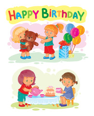  illustration of a little girl opens gifts. Template for Happy Birthday greeting card.