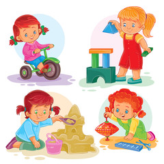 Fototapeta na wymiar A set of icons of small girls playing with toys