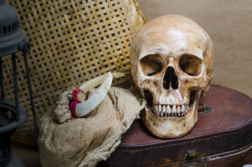Still life with human skull and lantern