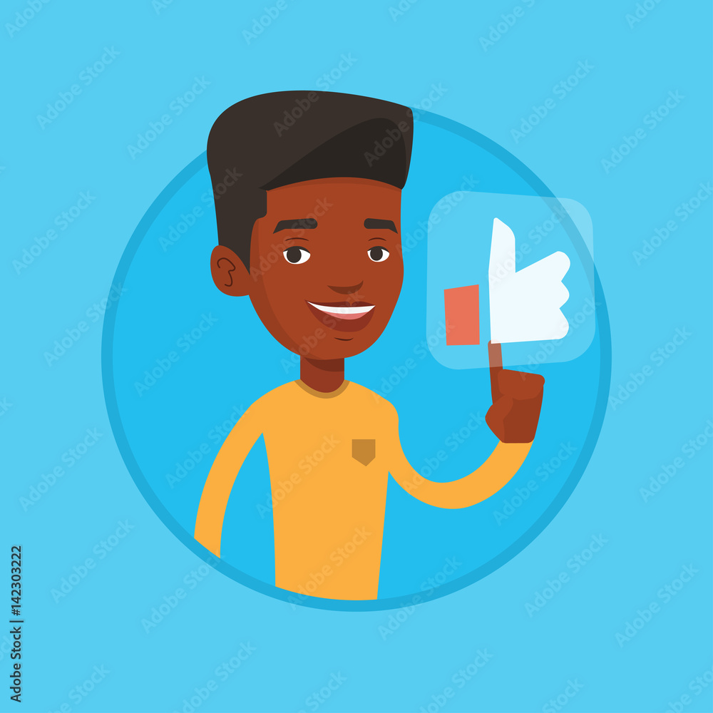 Poster man pressing like button vector illustration.