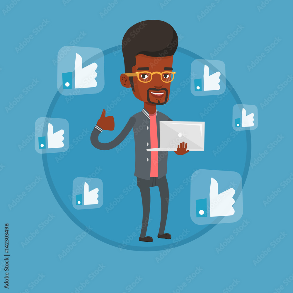 Poster man with thumb up and like social network buttons.