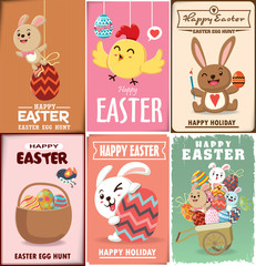 Vintage Easter Egg poster design with Easter rabbit, chicken