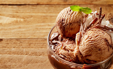 Large serving of chocolate ice cream in glass bowl