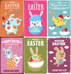Vintage Easter Egg poster design with Easter rabbit, chicken