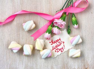 Mother's day card, pink carnations and marshmallows