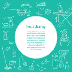 Vector sketch illustration on a dark background of objects and situations housework and with space for text. Unwashed dishes and not ironed linen, items and accessories for cleaning, food and cooking.