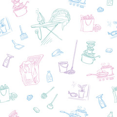 Vector sketch color seamless pattern of objects and situations house cleaning. Unwashed dishes and not ironed linen, items and accessories for cleaning, buy food and cooking.