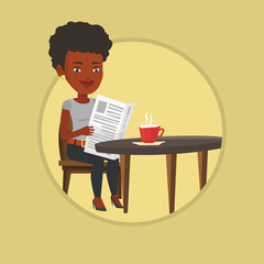 Woman reading newspaper and drinking coffee.