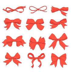 set of red thin bows and horizontal ribbons on white. hand drawn vector illustration. collection of decorative elements for celebration greetings, invitations