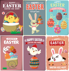 Vintage Easter Egg poster design with Easter rabbit, chicken