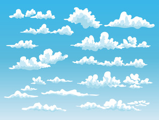 set of cartoon clouds on blue sky background. vector illustration