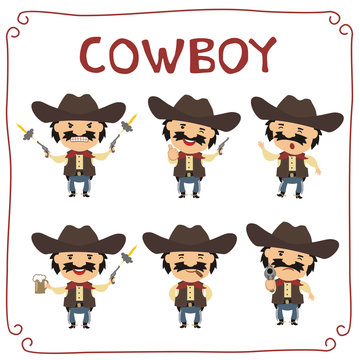 Set cowboy in cartoon style. Collection isolated cowboy in different poses on white background.