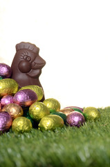 Easter chocolate eggs and hen