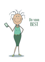 Funny cute smiling woman in a green dress with curly hair and with a smartphone in her hand