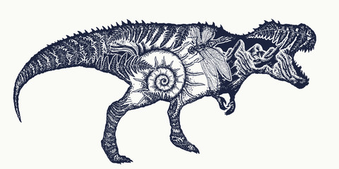 Tyrannosaur double exposure tattoo art. T-Rex dinosaur monster t-shirt design.Symbol of archeology, paleontology © intueri