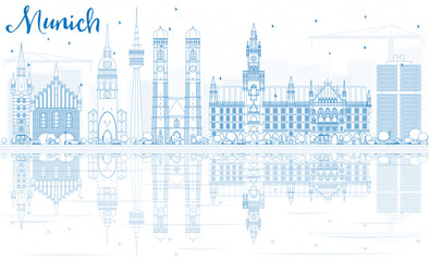 Fototapeta premium Zarysuj panoramę Monachium z niebieskimi budynkami i odbiciami.