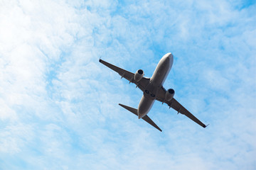 Airplane flying under blue sky and white cloud