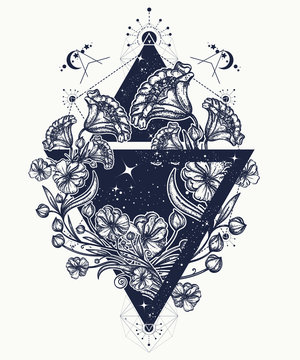 Flowers in a triangle tattoo art. Graceful flowers in mystical triangle t-shirt design
