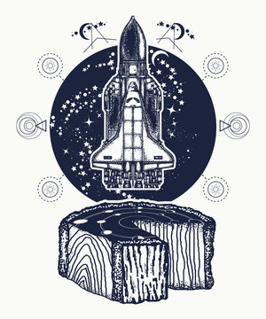 Space shuttle takes off tattoo art. Symbol of space research, the flight to new galaxies