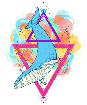 Whale color tattoo geometric style. Travel, outdoors symbol. Mystical symbol of adventure, dreams, t-shirt design