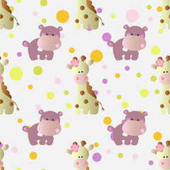 seamless pattern with cartoon cute toy baby behemoth, giraffe and Circles on a light gray background