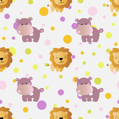 seamless pattern with cartoon cute toy baby behemoth, lion and Circles on a light gray background