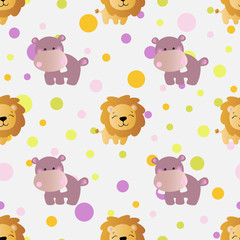 seamless pattern with cartoon cute toy baby behemoth, lion and Circles on a light gray background © ame kamura