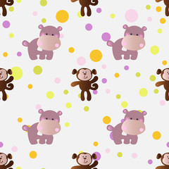 seamless pattern with cartoon cute toy baby behemoth, monkey and Circles on a light gray background