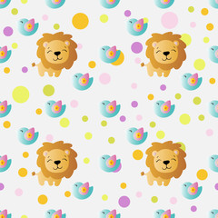 seamless pattern with cartoon cute toy baby lion, bird and Circles on a light gray background