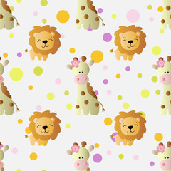 Naklejka premium seamless pattern with cartoon cute toy baby giraffe, lion and Circles on a light gray background