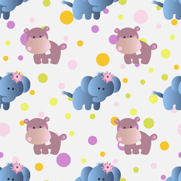 seamless pattern with cartoon cute toy baby behemoth, elephant and Circles on a light gray background