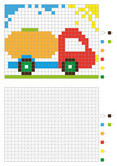 Coloring book with numbered squares. Kids coloring page, pixel coloring. Red car. Vector illustration