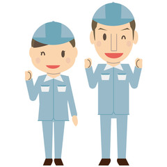 作業着を着たさわやかカップル　笑顔　ウィンク　小さくガッツポーズ