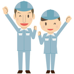 作業着を着たさわやかカップル　笑顔　大きくガッツポーズ