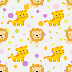 Drawing of a seamless pattern with cute african tiger and lion in cartoon style and multicolored circles on a light gray background